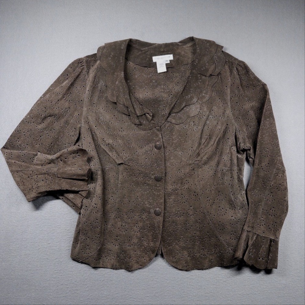 Coldwater Creek Jacket PL Cutout Design Brown Leather Suede Ruffle Trim Buttons